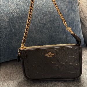 Coach Midnight Blue Embossed Leather Wristlet with Gold Chain